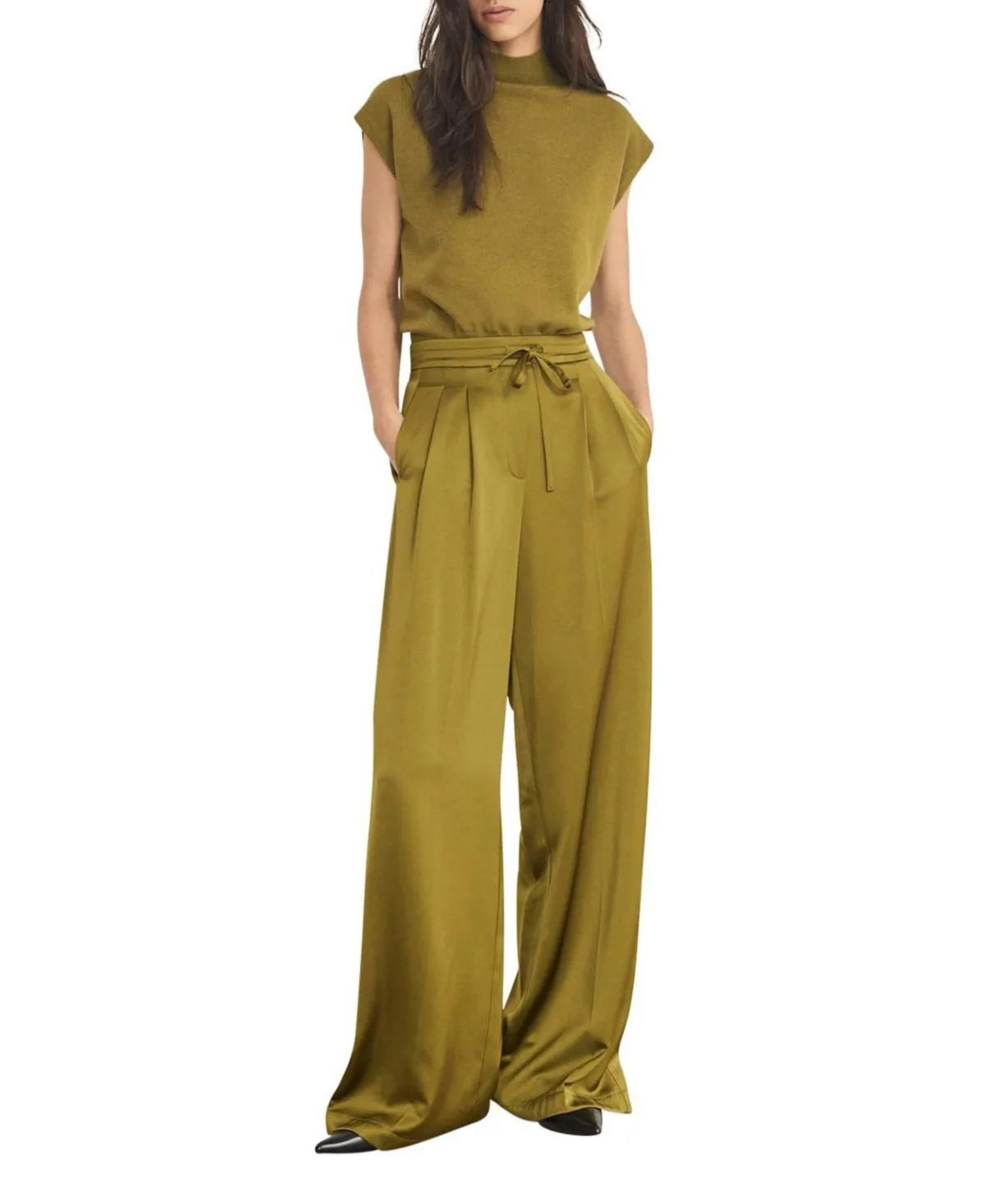 Satin Pleated Wide-Leg Trousers by Mint Velvet