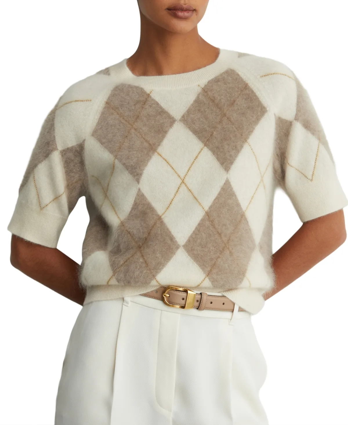 Aimee Brushed Cashmere Argyle Short-Raglan-Sleeve Sweater by Reiss