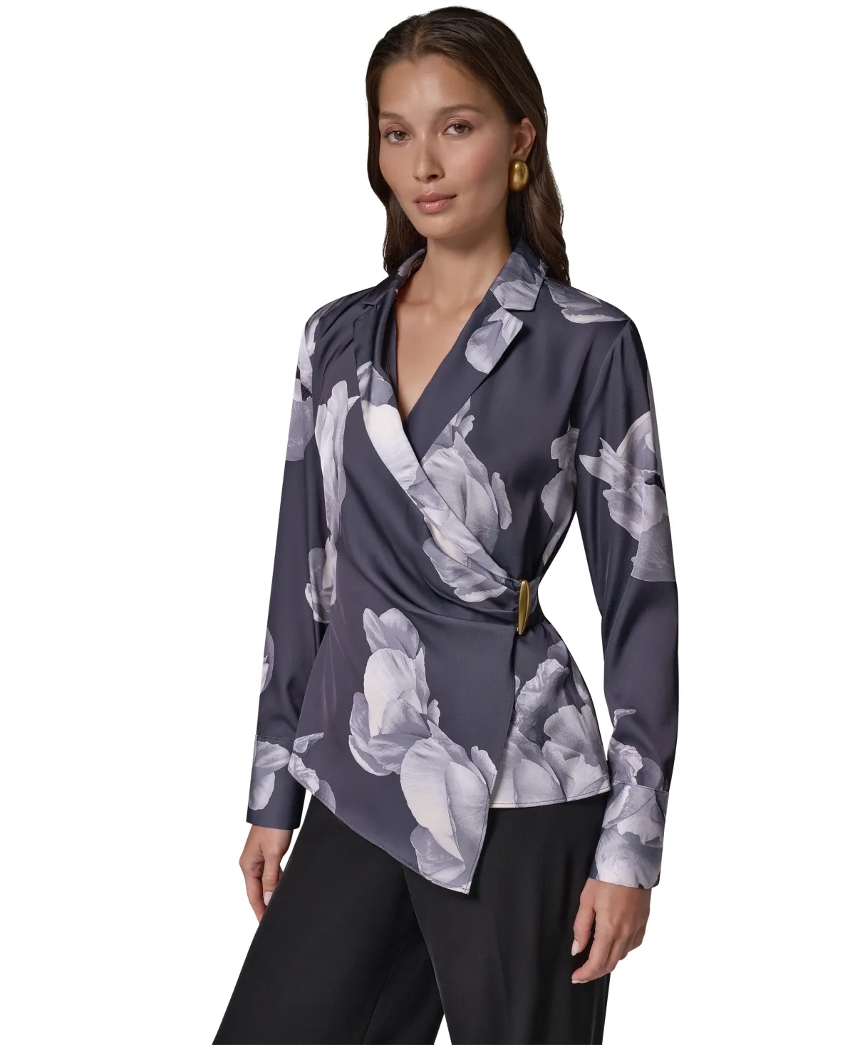 Wrap Floral-Print Long-Sleeve Blouse by Donna Karan New York