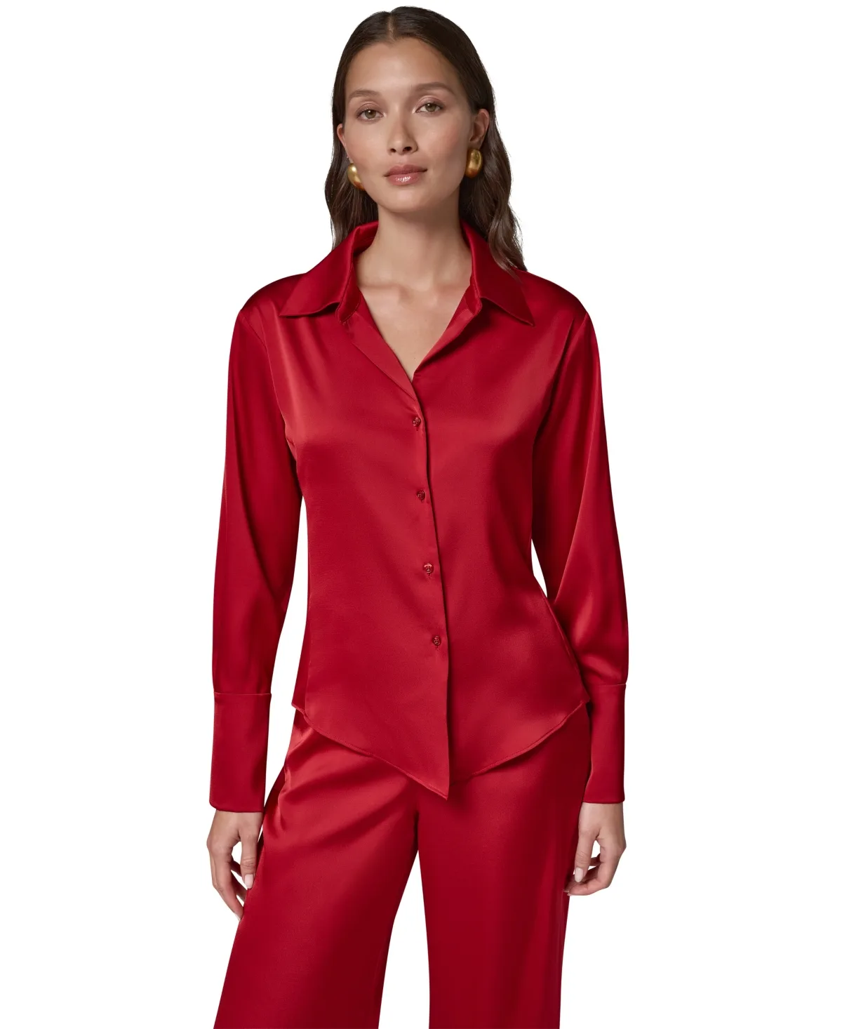 V-Neck Satin Collared Long-Sleeve Blouse by Donna Karan New York