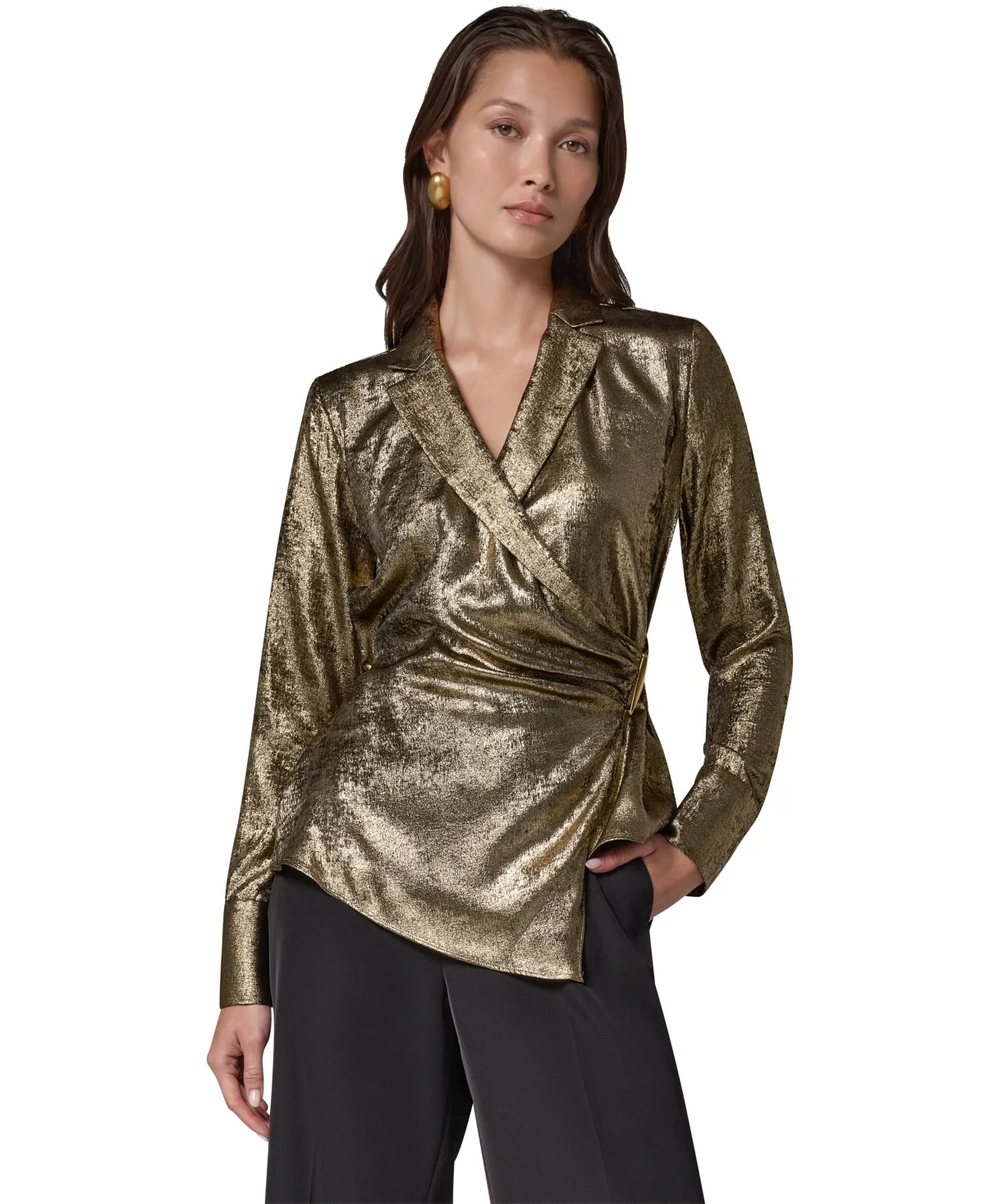 Long-Sleeve Asymmetrical-Hem Metallic Blouse