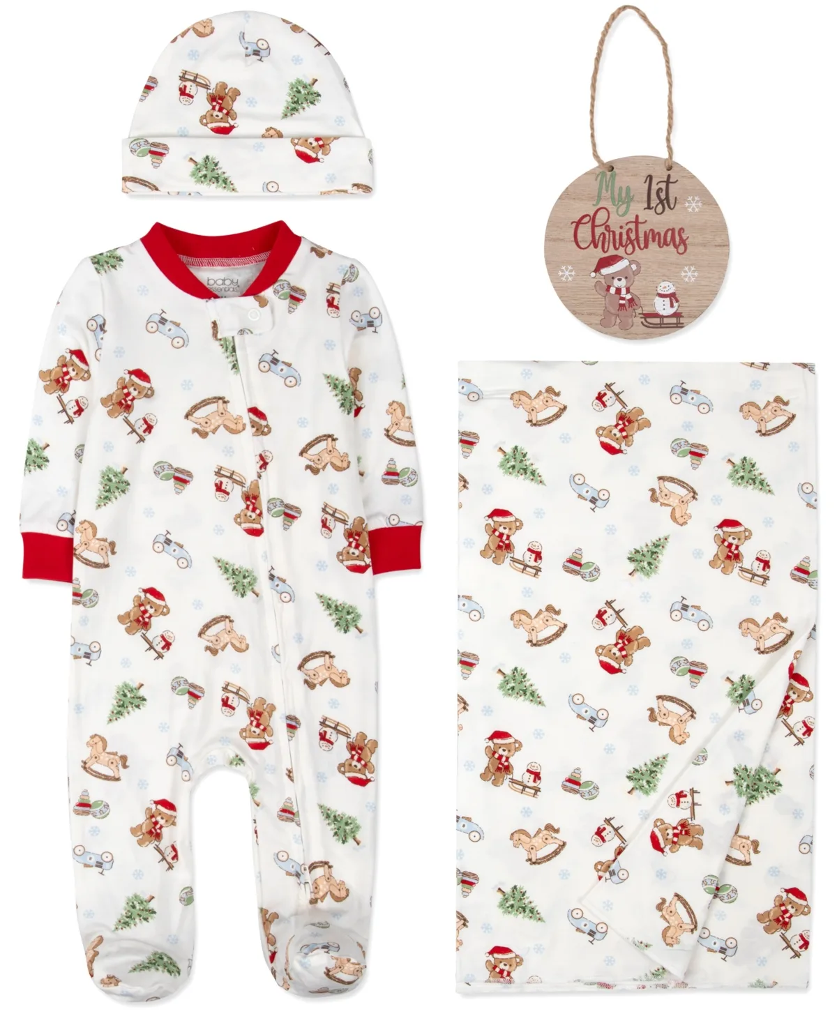 My 1st Christmas Holiday Footie, Blanket, Hat, and Wooden Milestone Sign, 4-Piece Set by Baby Essentials