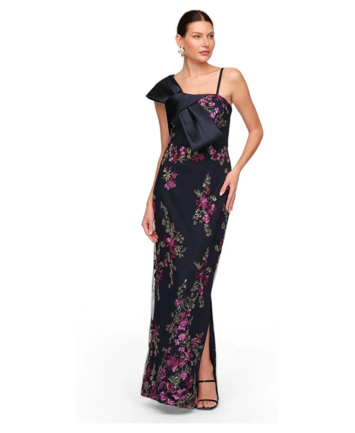 Piper Floral-Embroidered Asymmetrical-Neckline Floor-Length Gown by JS Collections