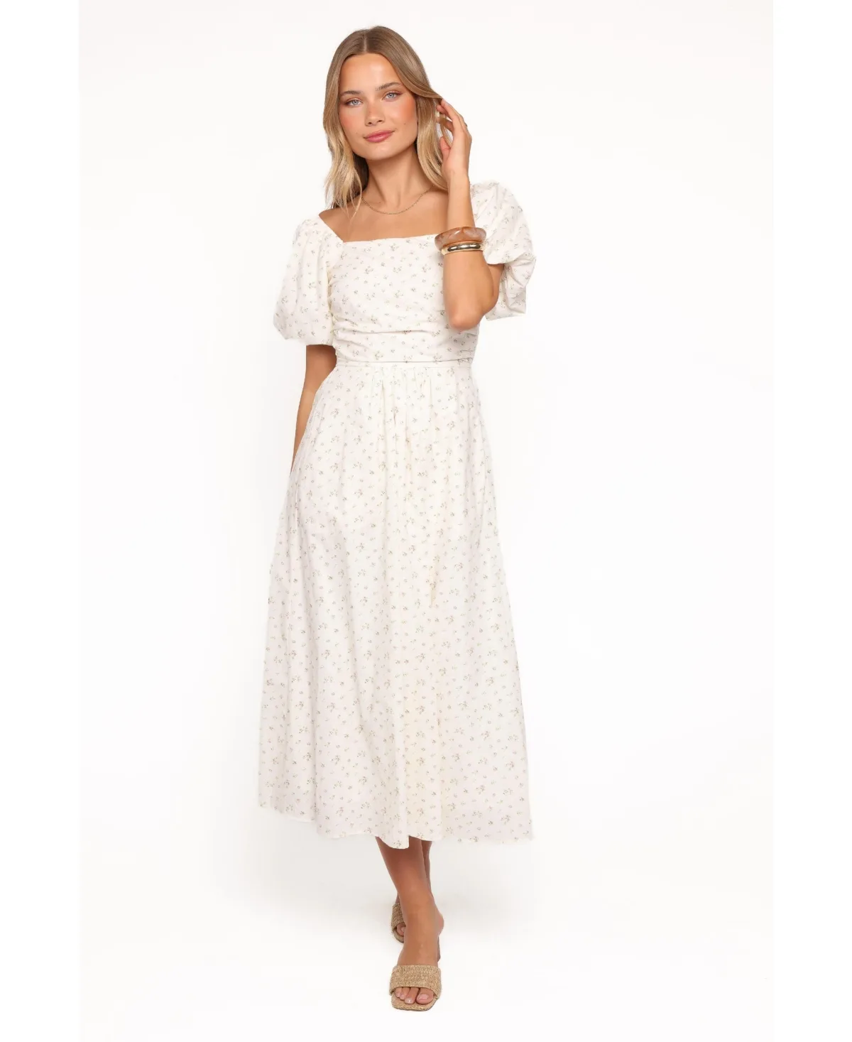 Clo Floral-Print Puff Sleeve Square Neck Midi Dress