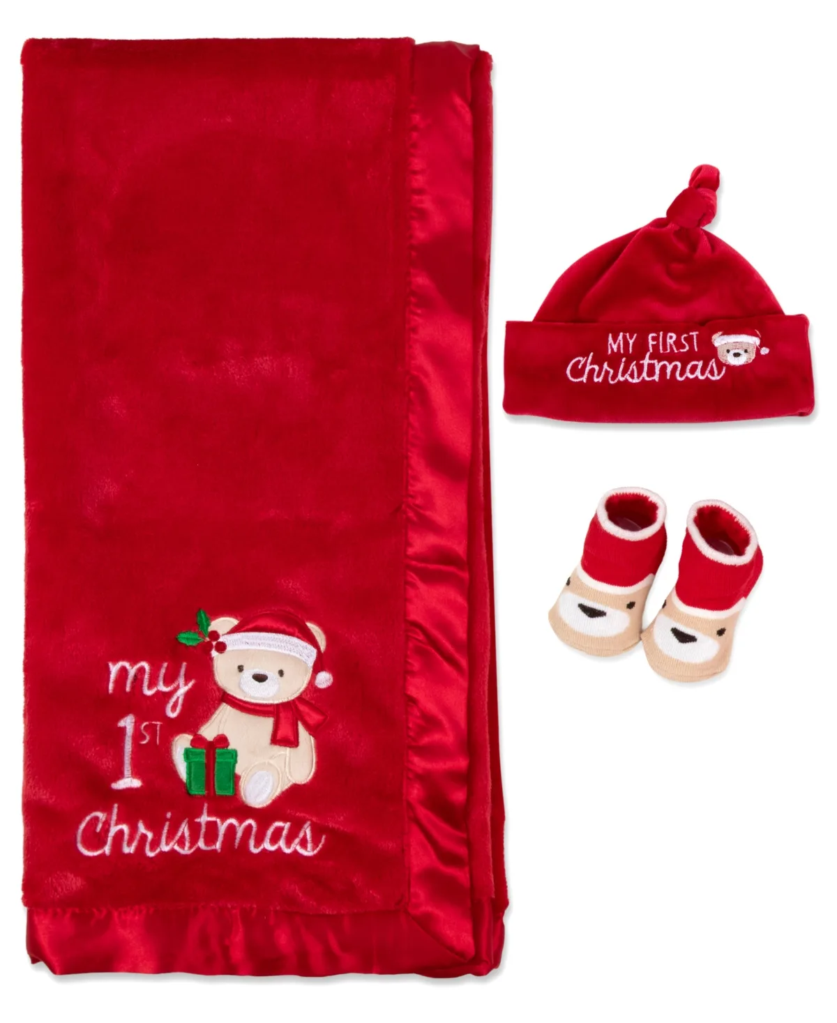 My 1st Christmas Holiday Blanket, Knot Hat and Socks, 3-Piece Set by Baby Essentials