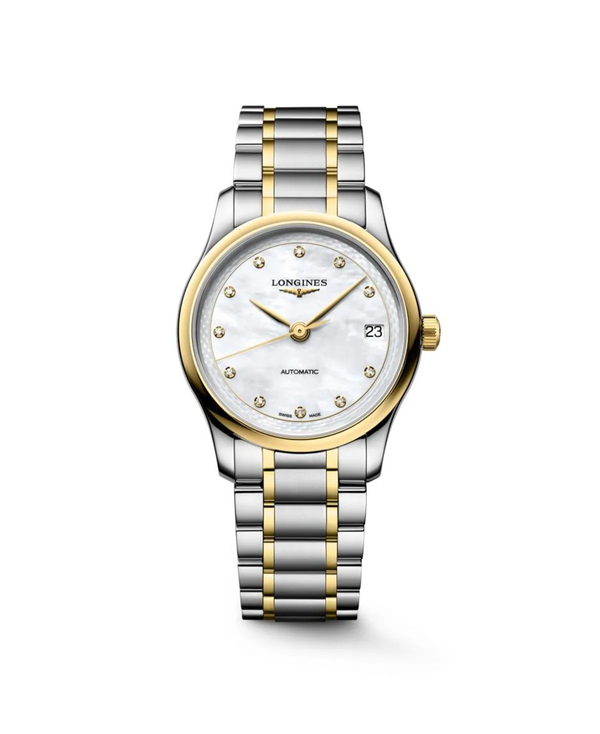 Master Collection 18k Yellow Gold and Silver Stainless Steel Strap Watch 34mm by Longines