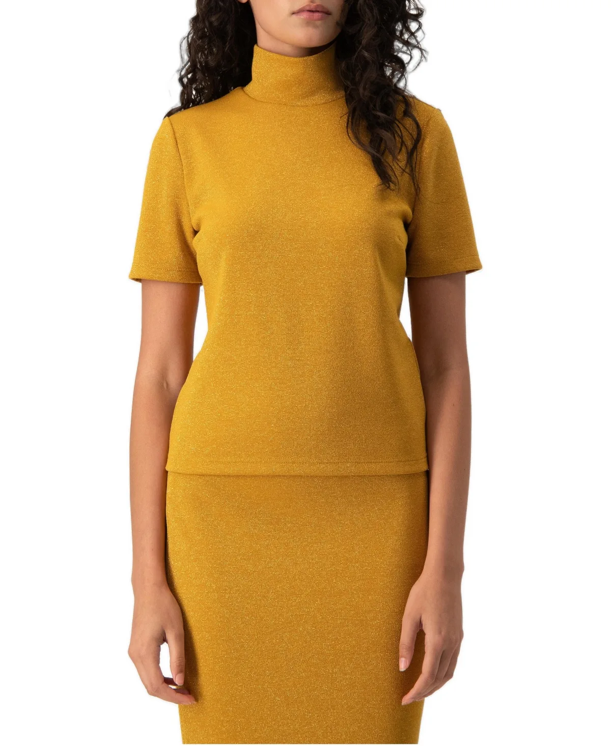 Metallic-Lurex Mock-Neck Short-Sleeve Top by Ivonne