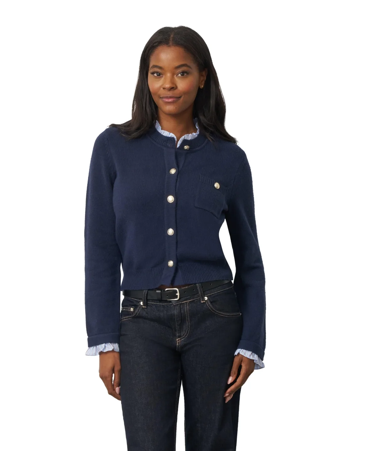 Ruffle Trim Crewneck Long-Sleeve Cardigan by Cable & Gauge