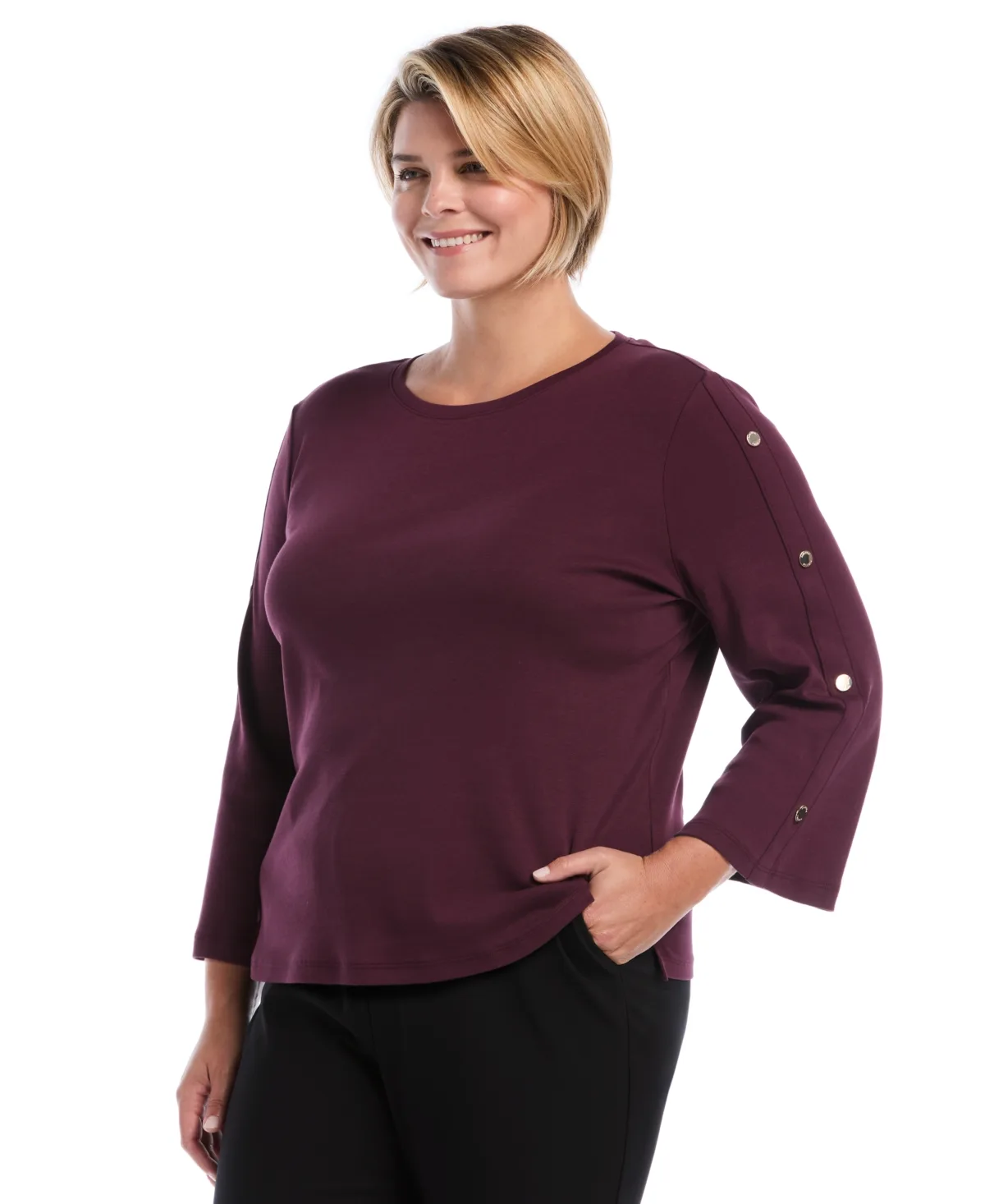 Stud-Trim Rib-Knit Long-Sleeve Blouse by Rafaella