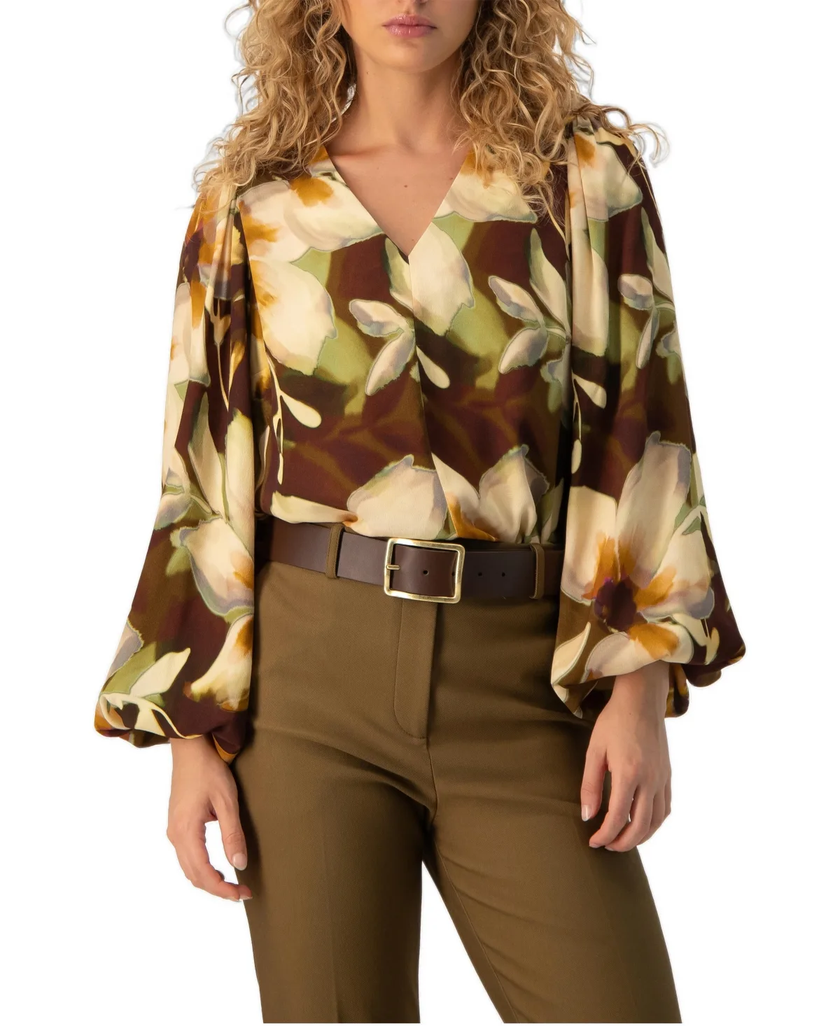 Botanical Floral Print Relaxed V-Neck Puff-Sleeve Blouse by Ivonne