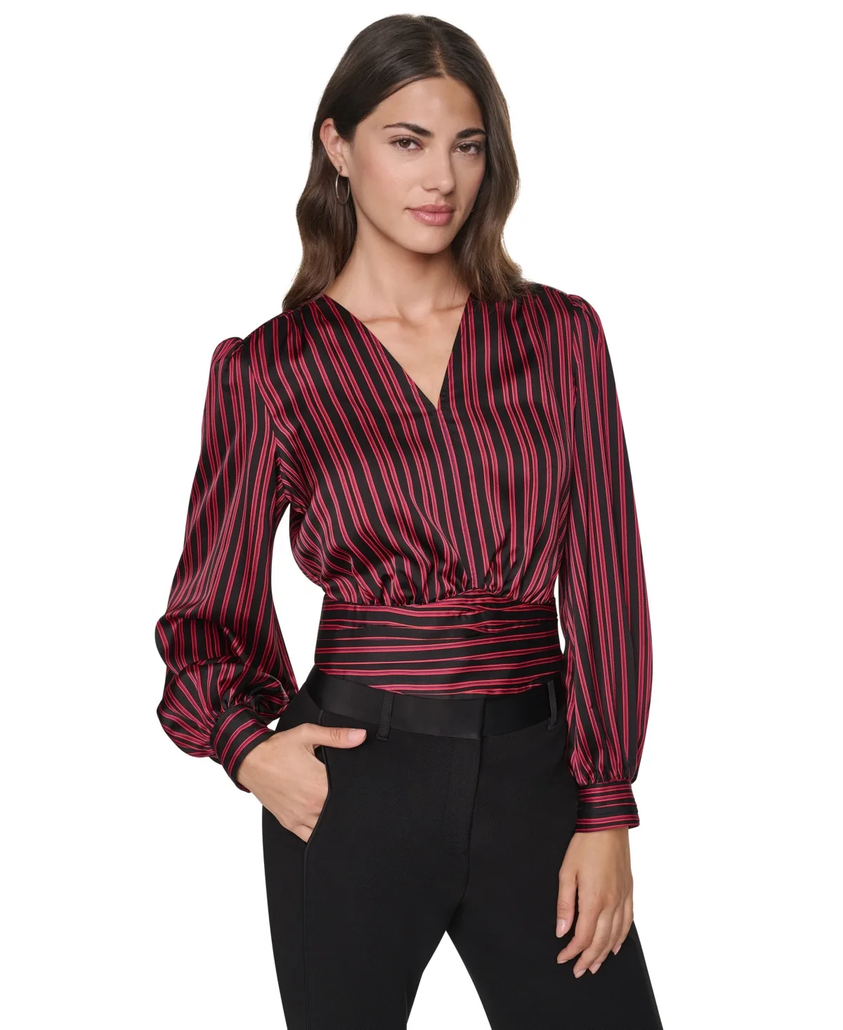 Striped Satin Long-Sleeve Blouse by DKNY