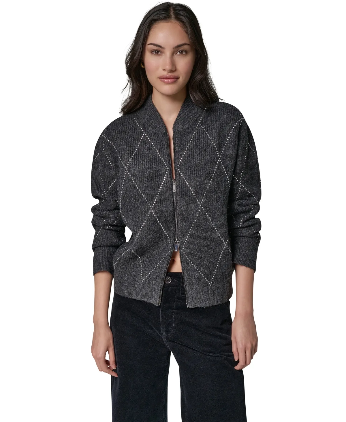Crystal Full-Zip Embellished Collared Sweater by Donna Karan Weekend