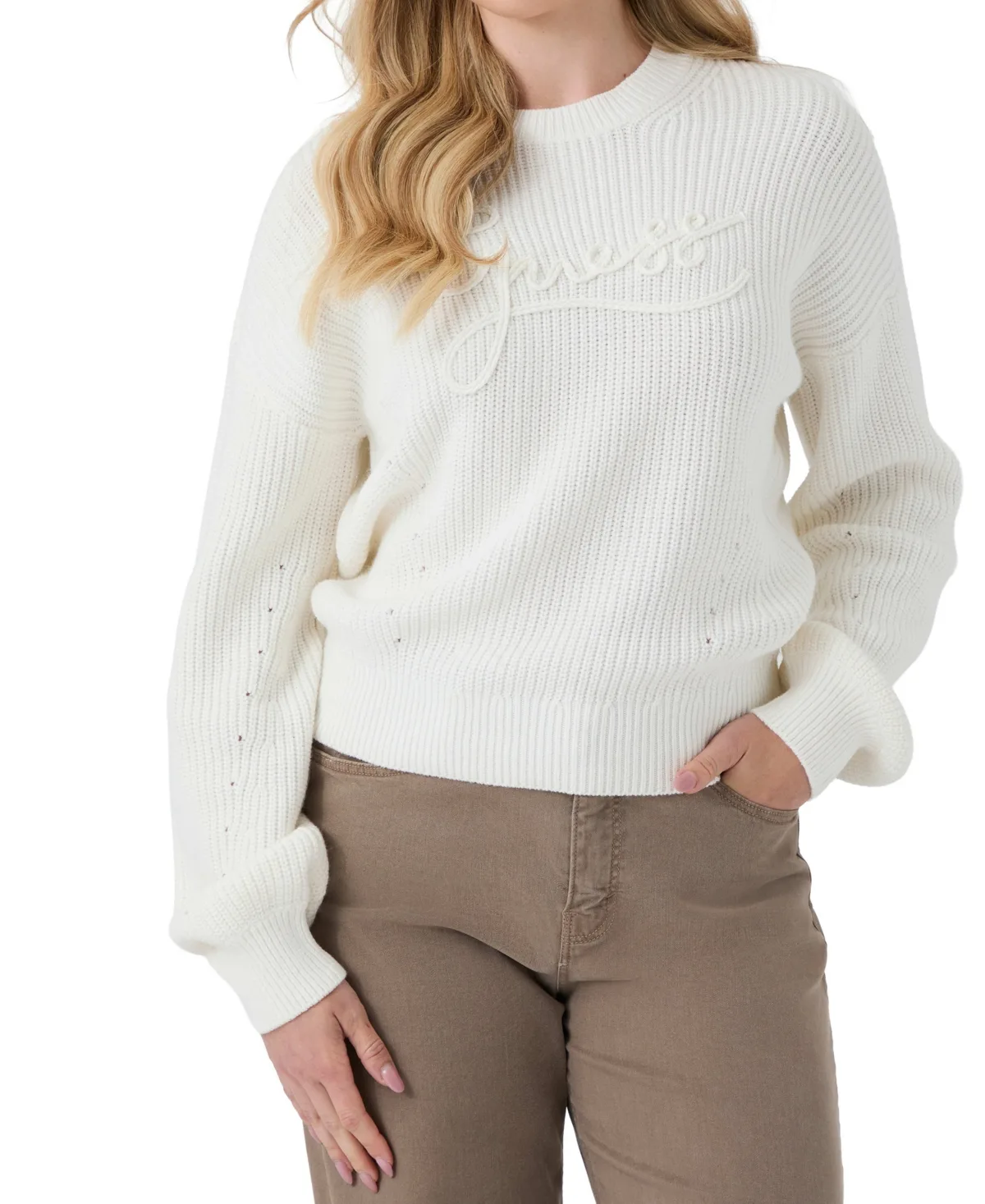 Faith Long-Sleeve Ribbed-Knit Crewneck Sweater by GUESS