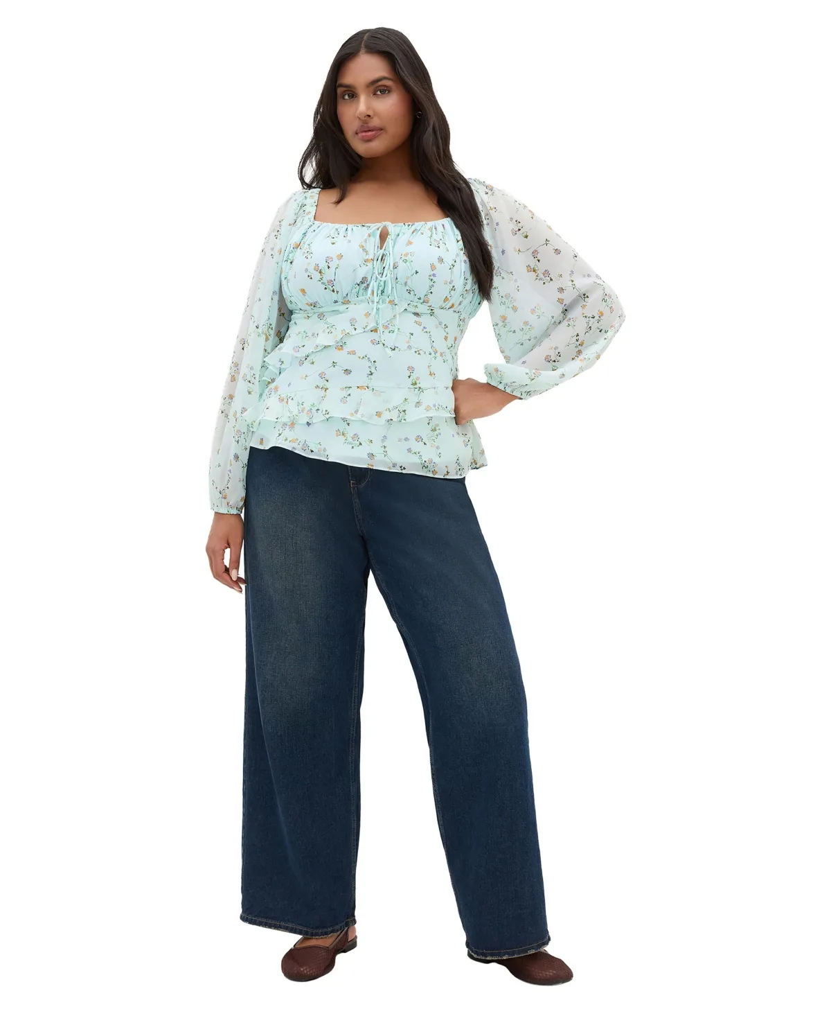 Square Neck Ruffle Balloon-Sleeve Blouse by City Chic