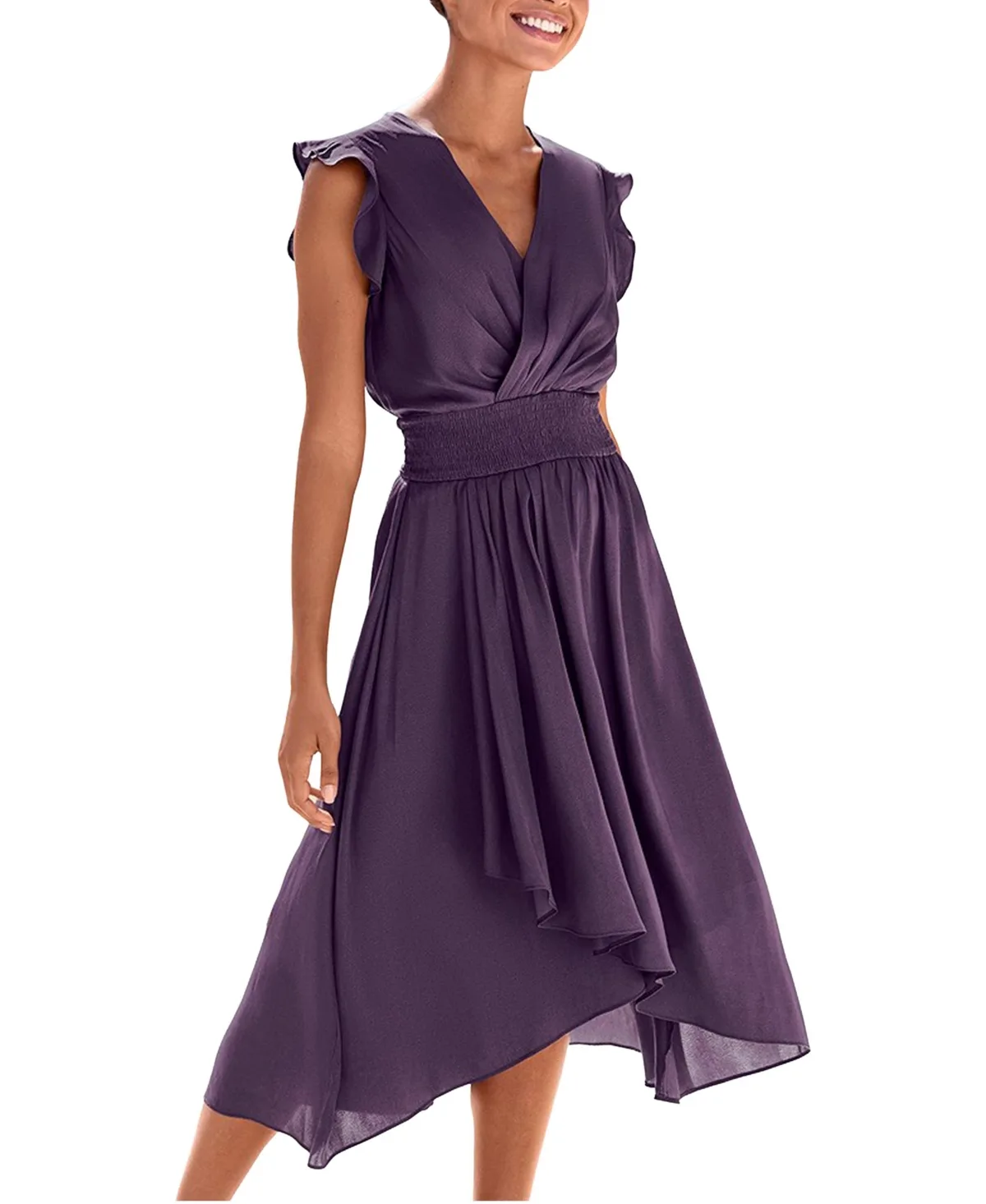 Ruffle-Sleeve Satin High-Low Midi Dress by Lascana