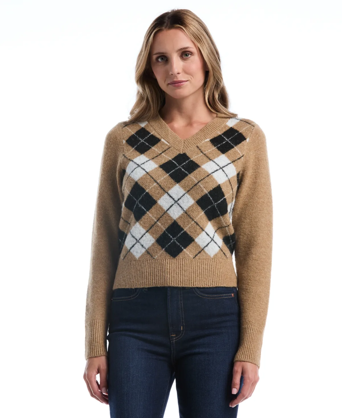 Argyle Jacquard V-Neck Sweater by Rafaella