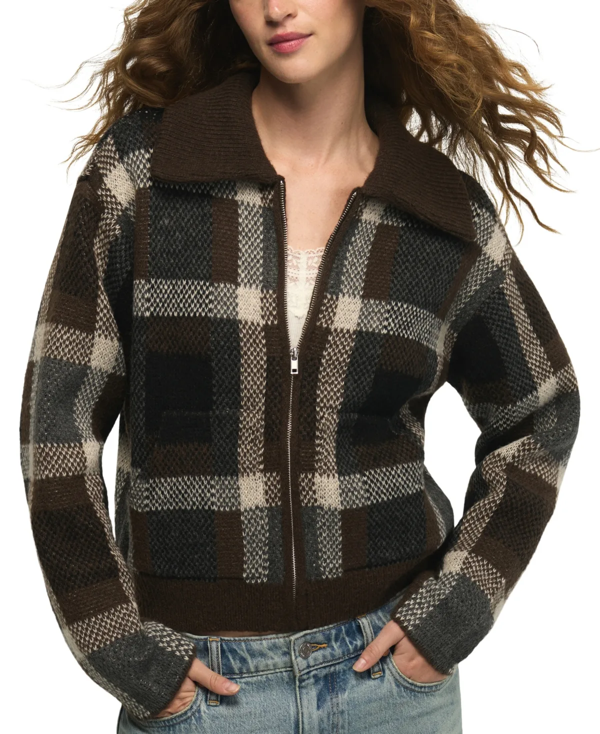 Plaid Long-Sleeve Loose-Fit Bomber Sweater by Lucky Brand