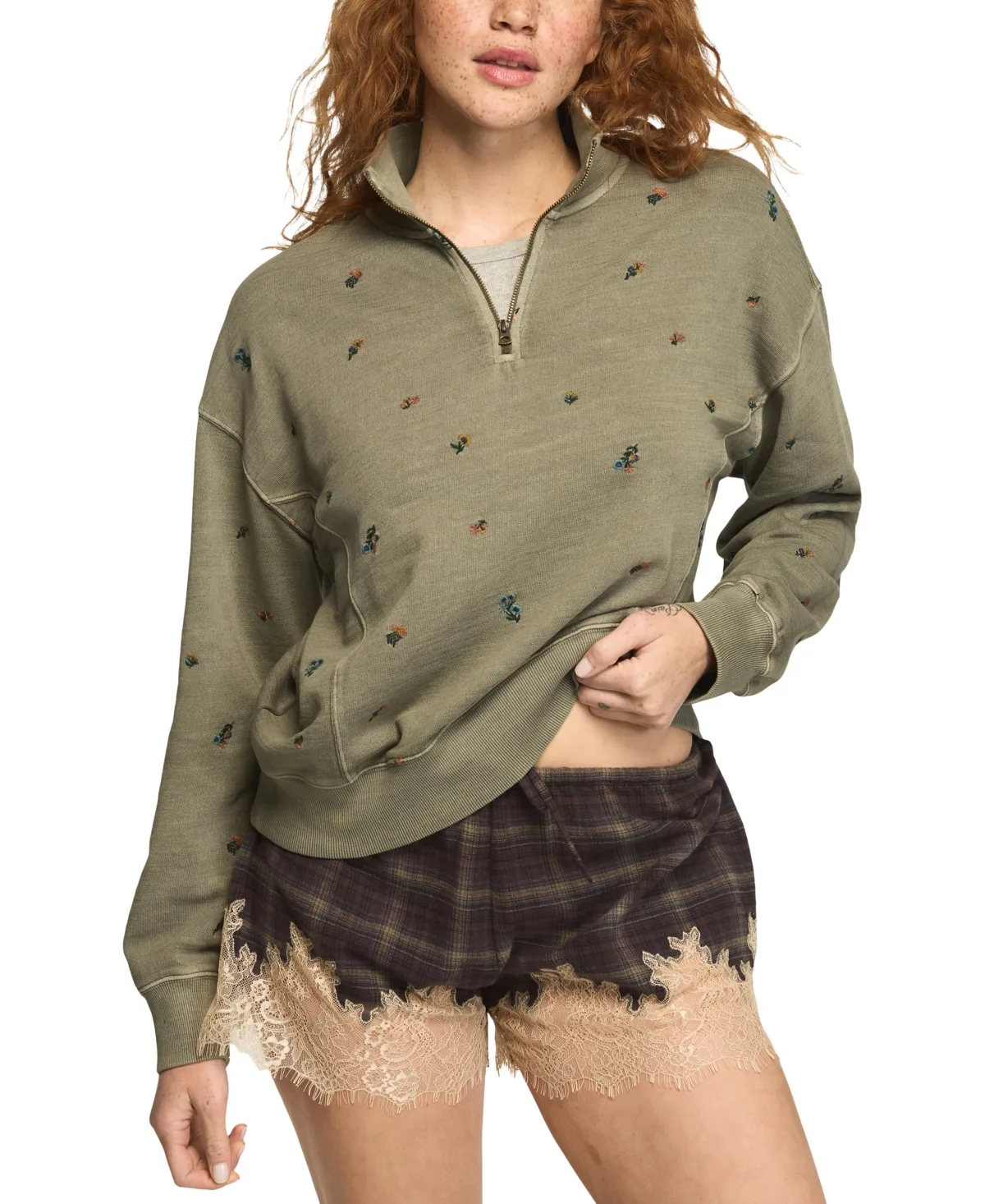 Mock Neck Quarter-Zip Embroidered Pullover Sweatshirt by Lucky Brand