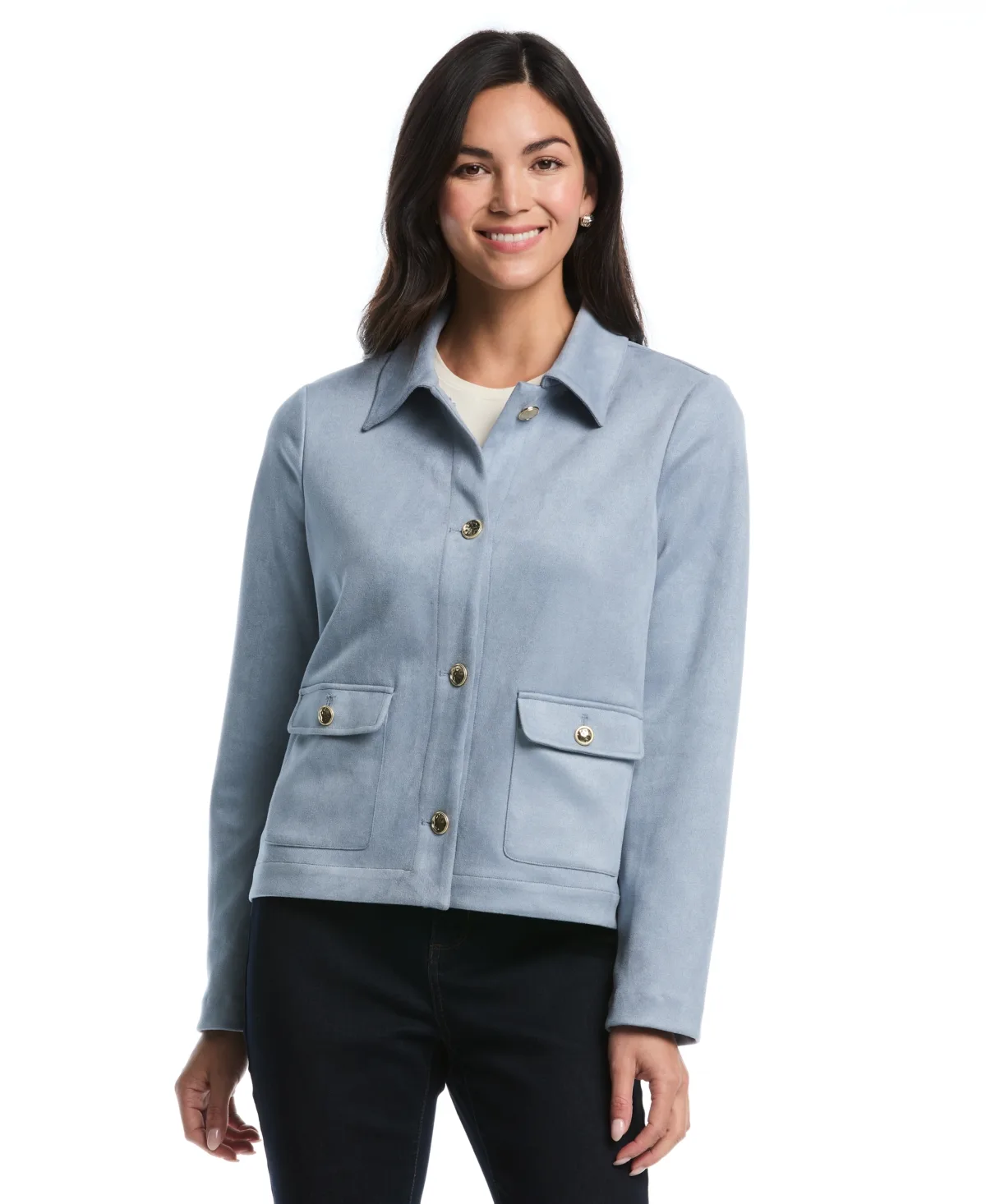 Collared Patch-Pocket Faux Suede Jacket by Rafaella