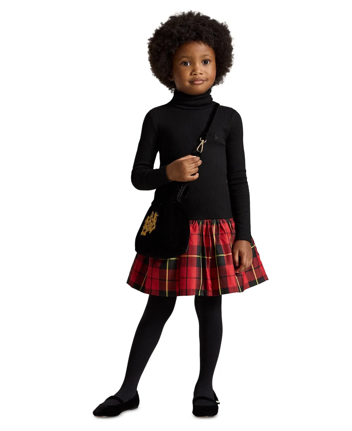 Plaid-Skirt Turtleneck Long-Sleeve Dress by Polo Ralph Lauren