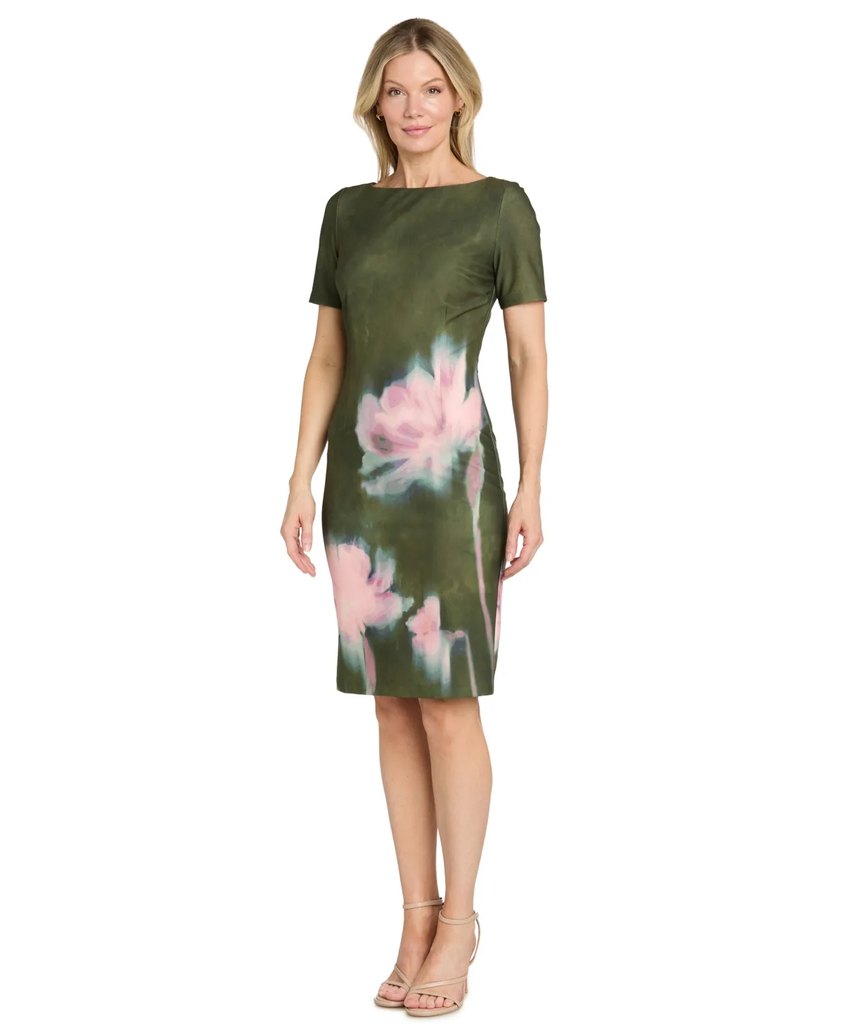 Scuba Sheath Floral-Print Short-Sleeve Dress by R&M Richards