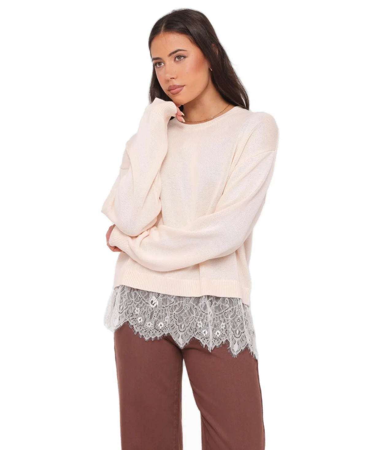 Mabel Crewneck Long-Sleeve Lace-Trim Sweater by Petal and Pup
