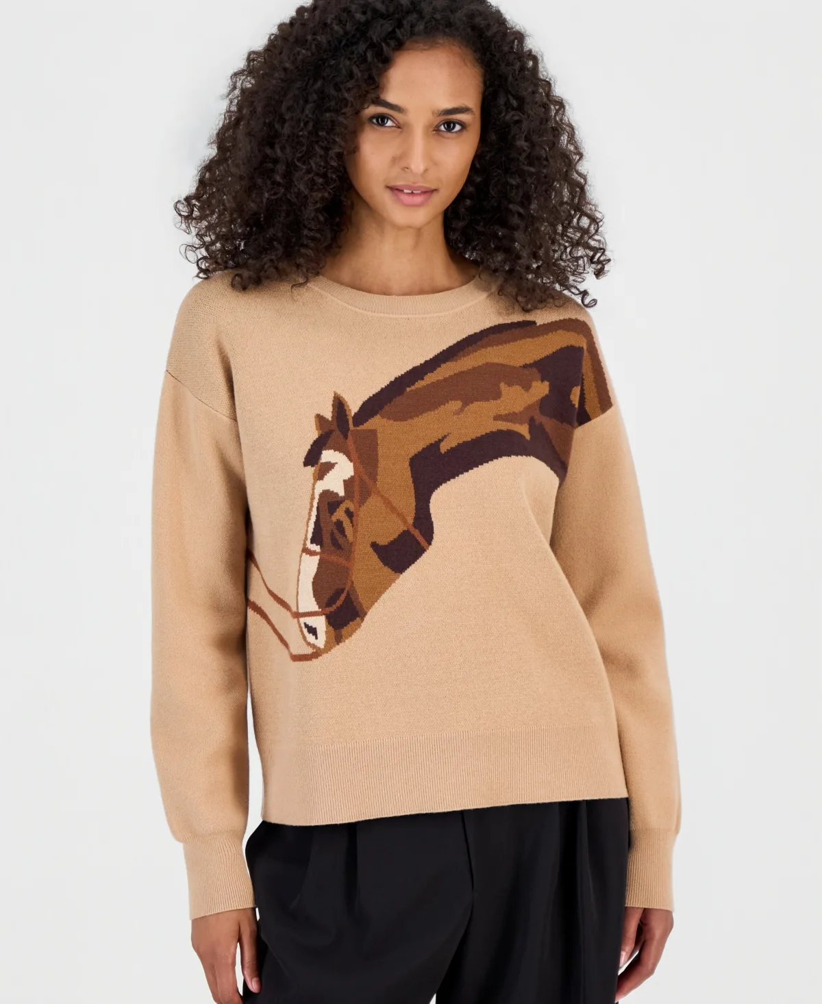 Intarsia-Knit Horse Graphic Long-Sleeve Sweater by Tahari