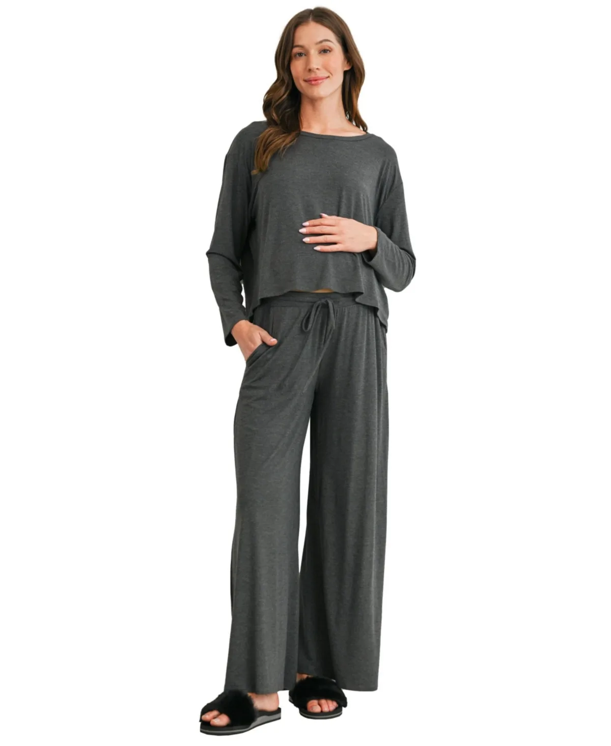 Maternity Wide-Leg Long-Sleeve Boat Neck Top and Pants, 2-Piece Set by Hello Miz