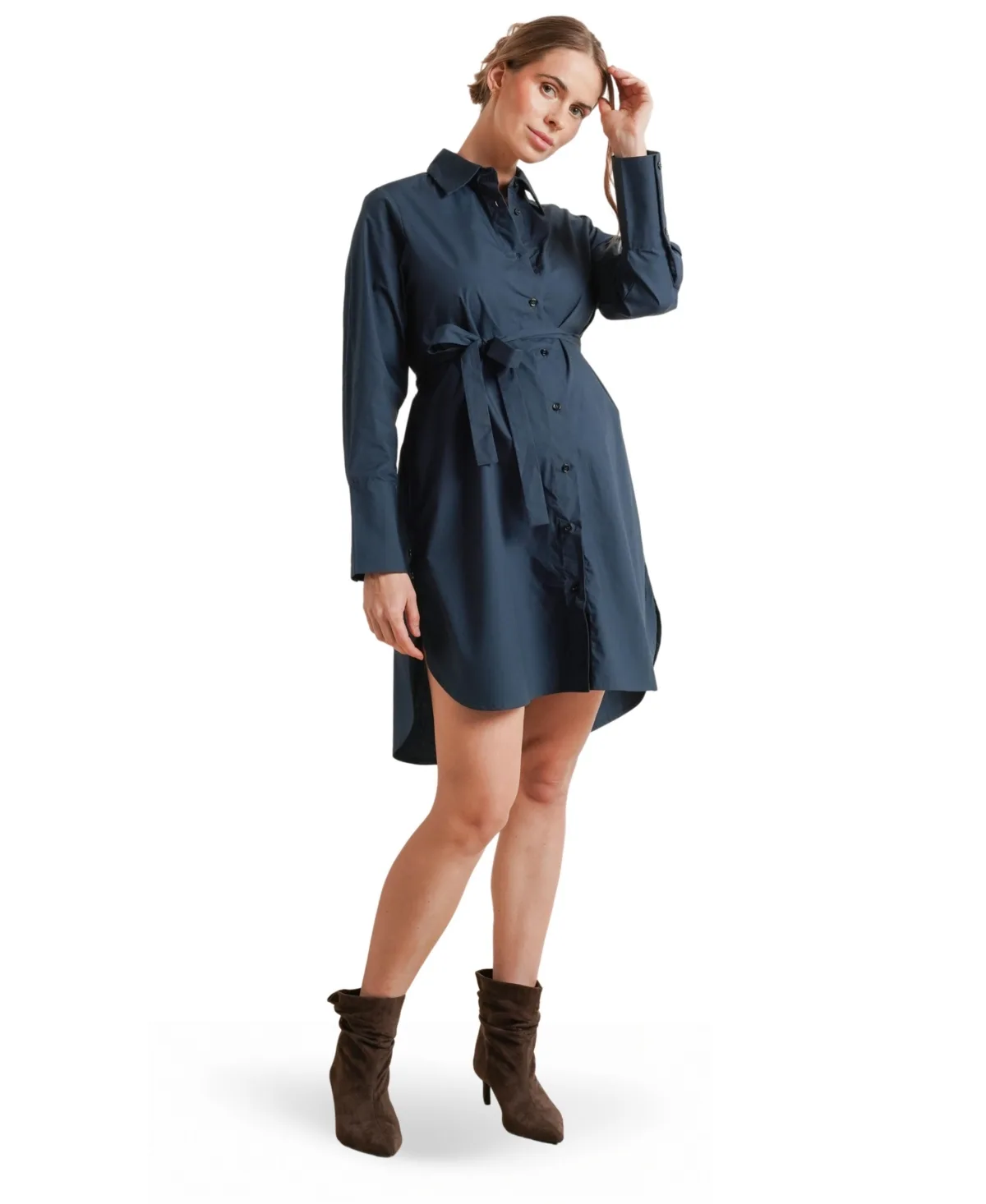 Weekday High-Low Hem Collared V-Neck Button-Front Dress by Nom Maternity