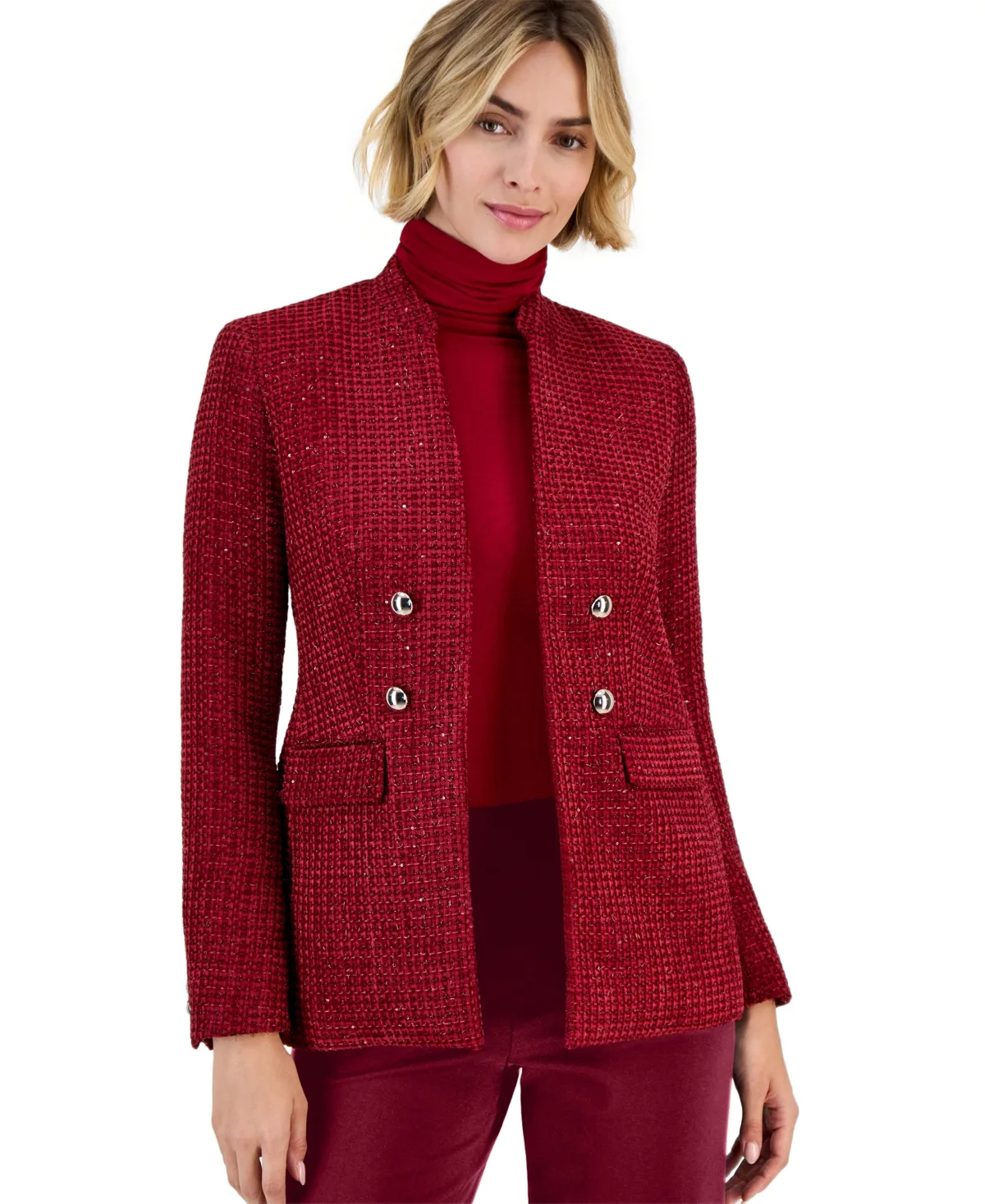 Tweed Double-Breasted Notched-Collar Jacket by Anne Klein
