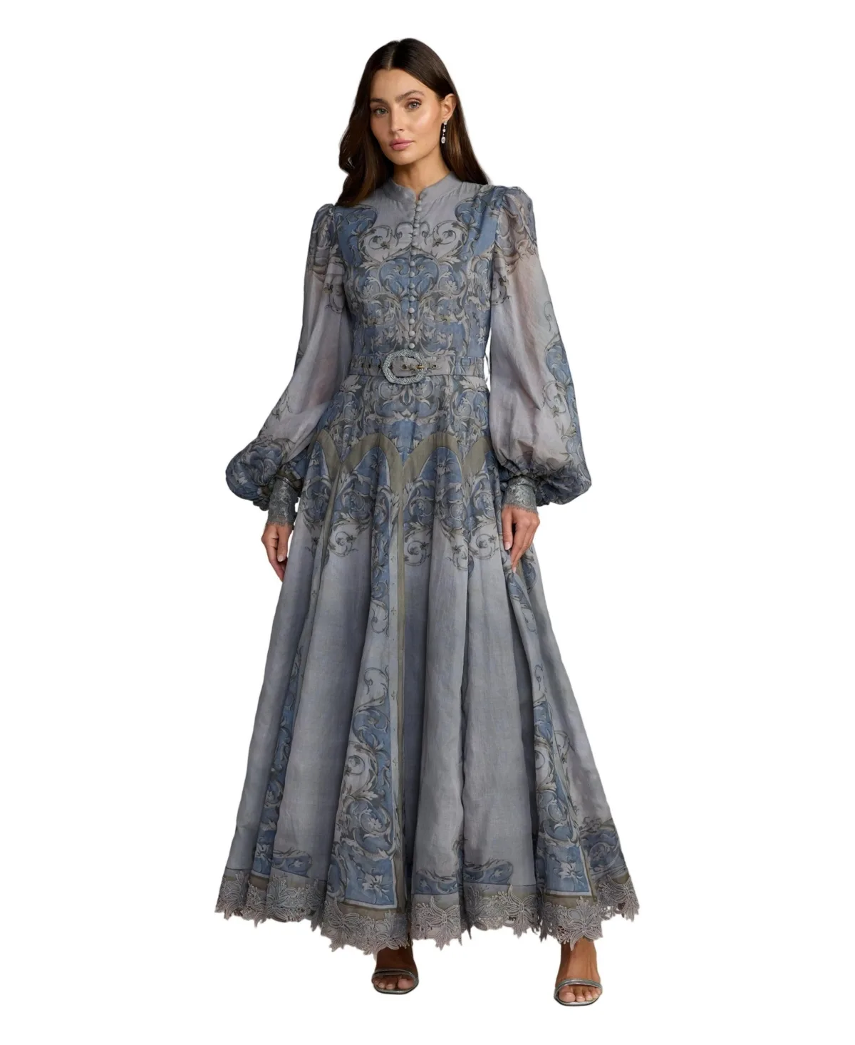 Mac Duggal Baroque Print Bishop Sleeve A-Line Ankle Dress by M.A.C.