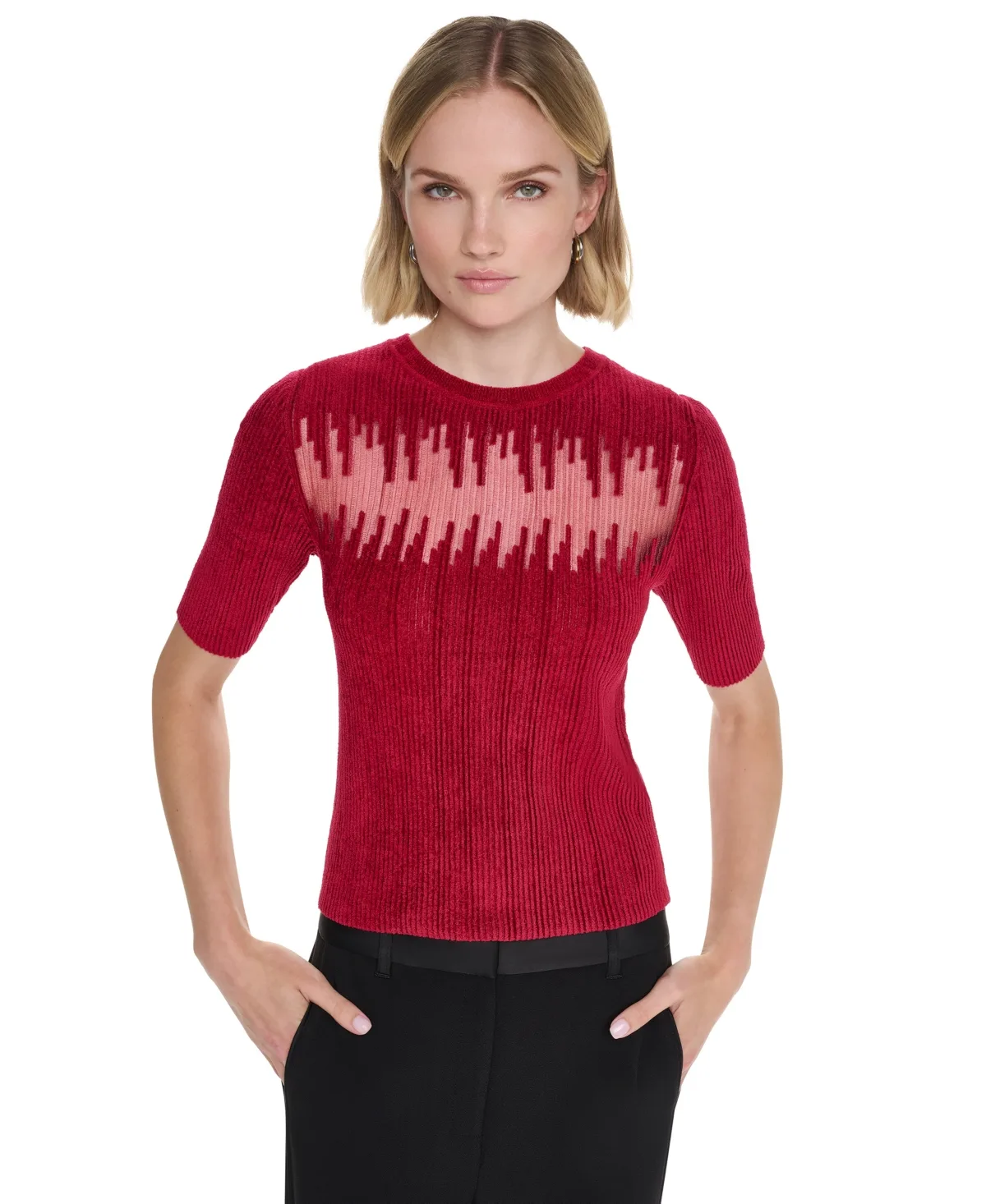 Ribbed Knit Sheer-Panel Short-Sleeve Sweater by DKNY