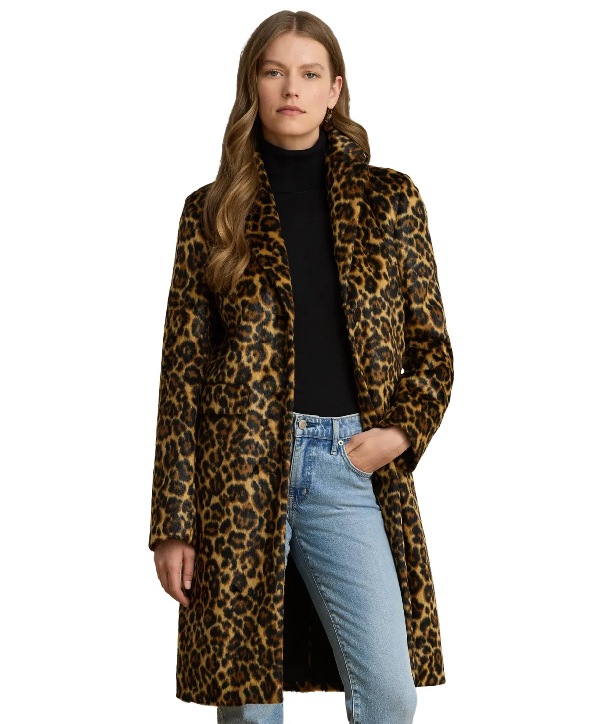 Lauren Ralph Lauren Leopard-Print Faux-Haircalf Straight-Fit Coat