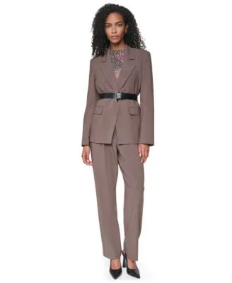 Belted Notch Collar Stretch Blazer Pleated Straight Leg High Waisted Trousers by DKNY