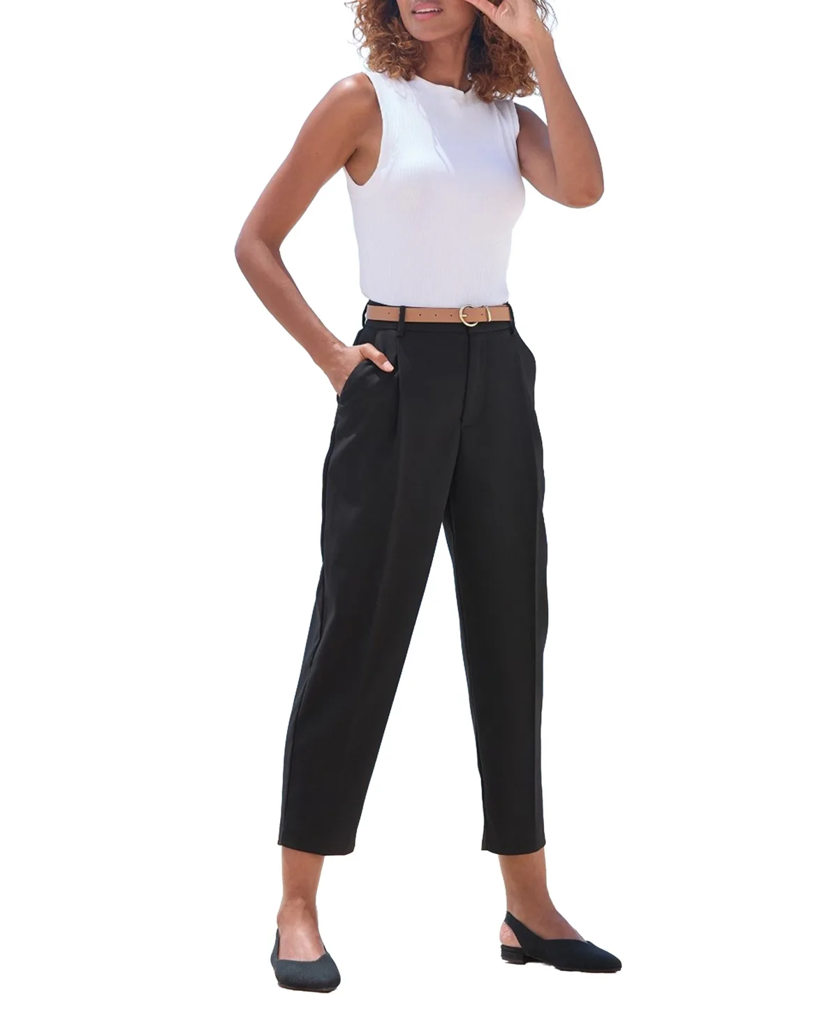 High-Rise Belted Cropped Barrel-Leg Pants by Lascana