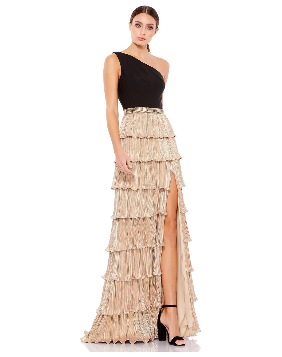 One-Shoulder Metallic Tiered Ruffle Gown by M.A.C.
