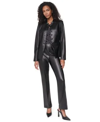 Shoulder Padded Long Sleeve Faux Leather Jacket High Waisted Flared Faux Leather Pants by DKNY