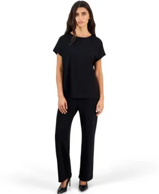 Essentials Serenity Heatset Boat Neck High Waisted Wide Leg Top Pants 2 Piece Set by Anne Klein