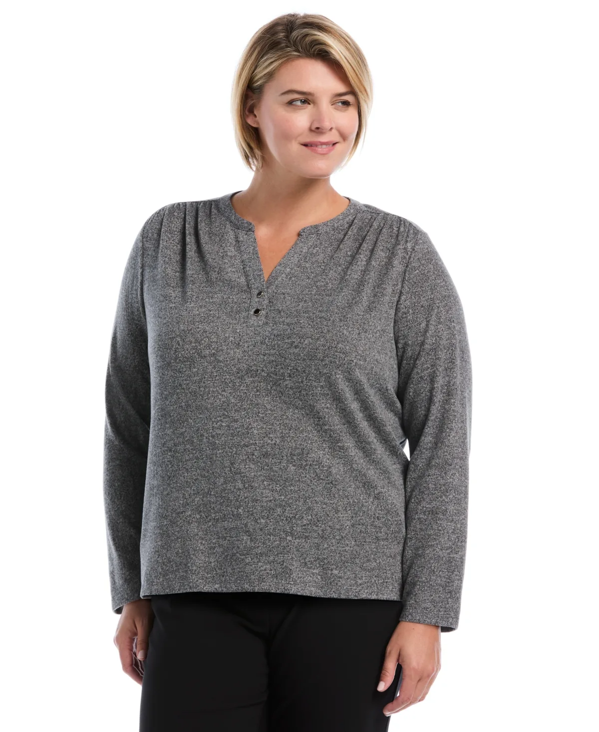 Shirred Split Neck Long Sleeve T-Shirt by Rafaella