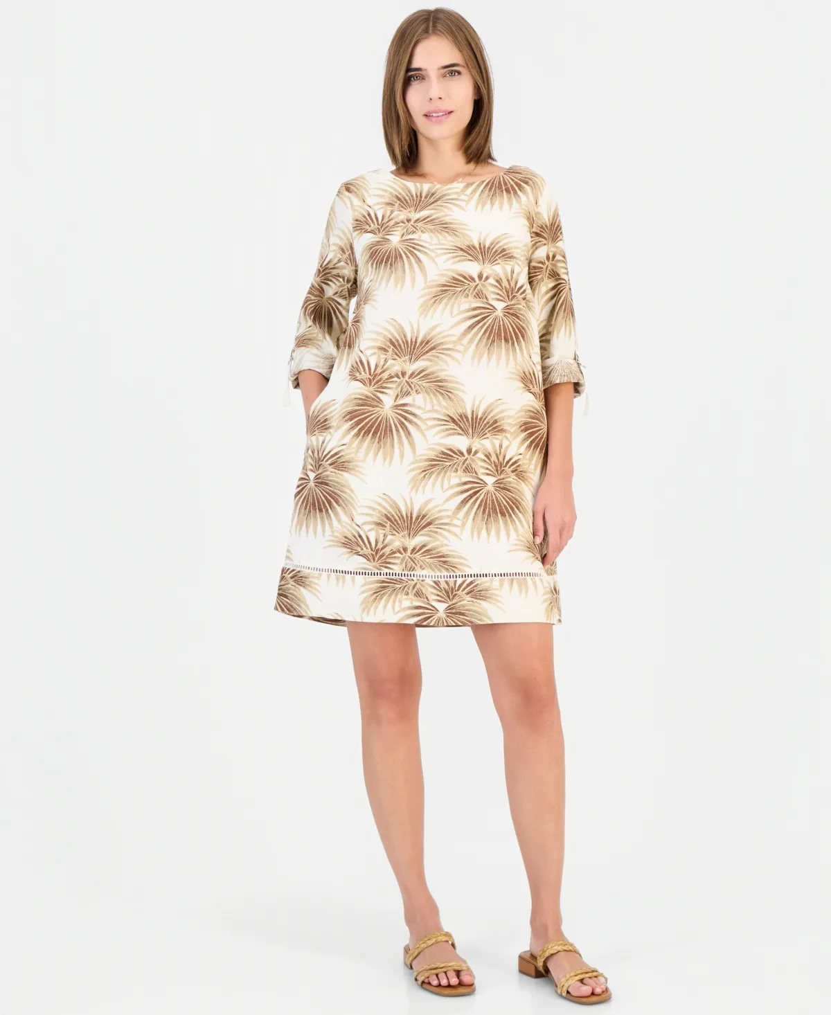 Scoop Neck 3/4-Sleeve with Roll-Tab 100% Linen Dress by Charter Club