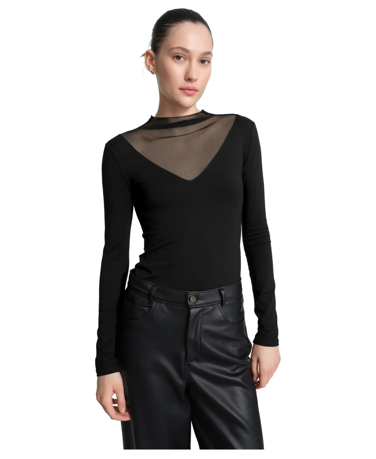Saige Mock Neck Sheer-Mesh High-Stretch Long-Sleeve Top by Marcella