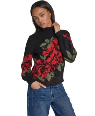 Rose Floral Print Mock Neck Pullover Sweater by Karl Lagerfeld