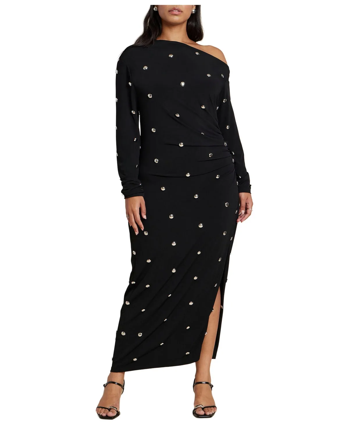 Draped Hardware One-Shoulder Long-Sleeve Maxi Dress by Eloquii