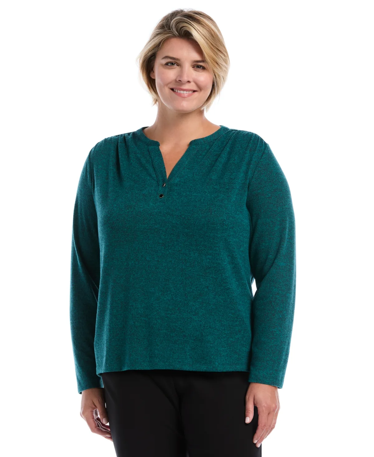 Shirred Split Neck Long Sleeve T-Shirt