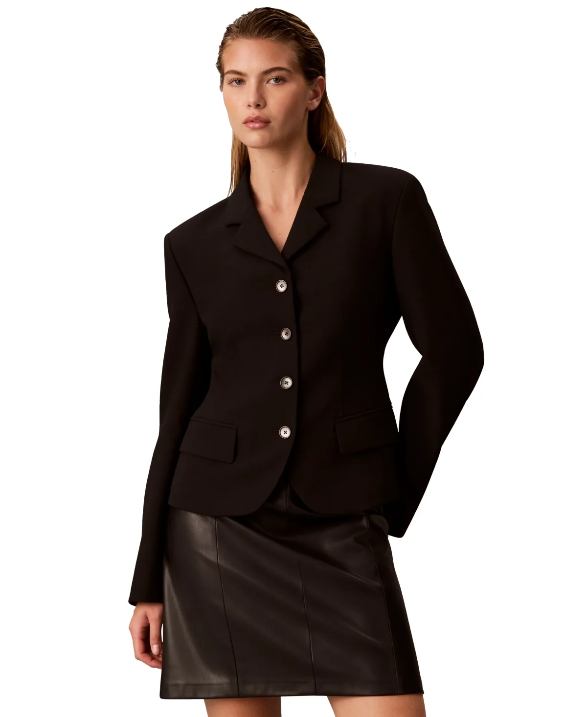 Cropped Fitted Notch Collar Blazer by Calvin Klein