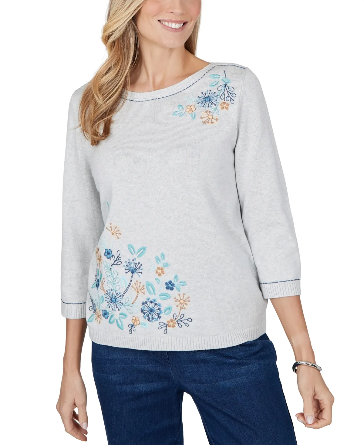 Boat-Neck 3/4-Sleeve Cotton-Blend Sweater by Alfred Dunner
