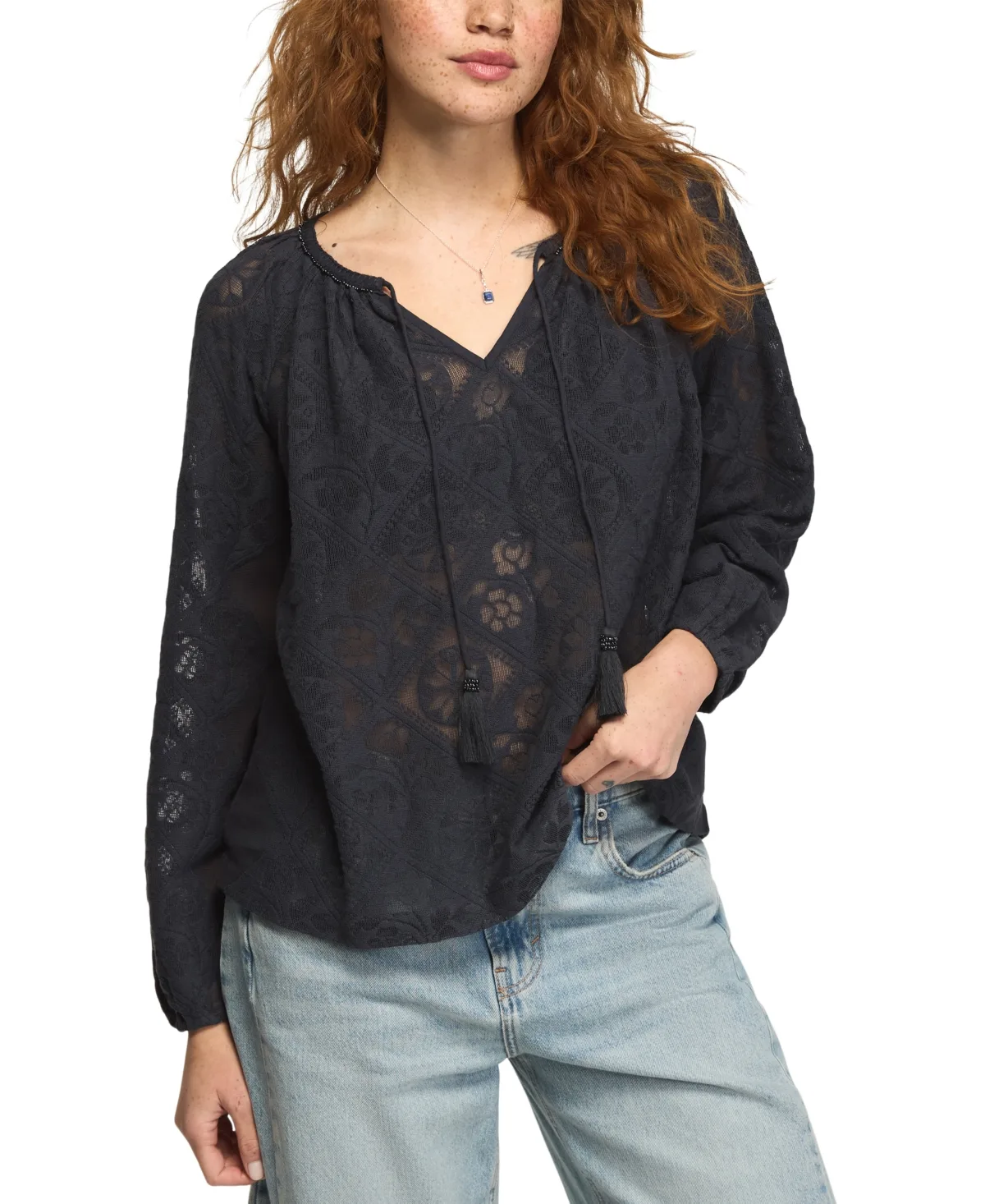 Long-Sleeve Lace Peasant Top