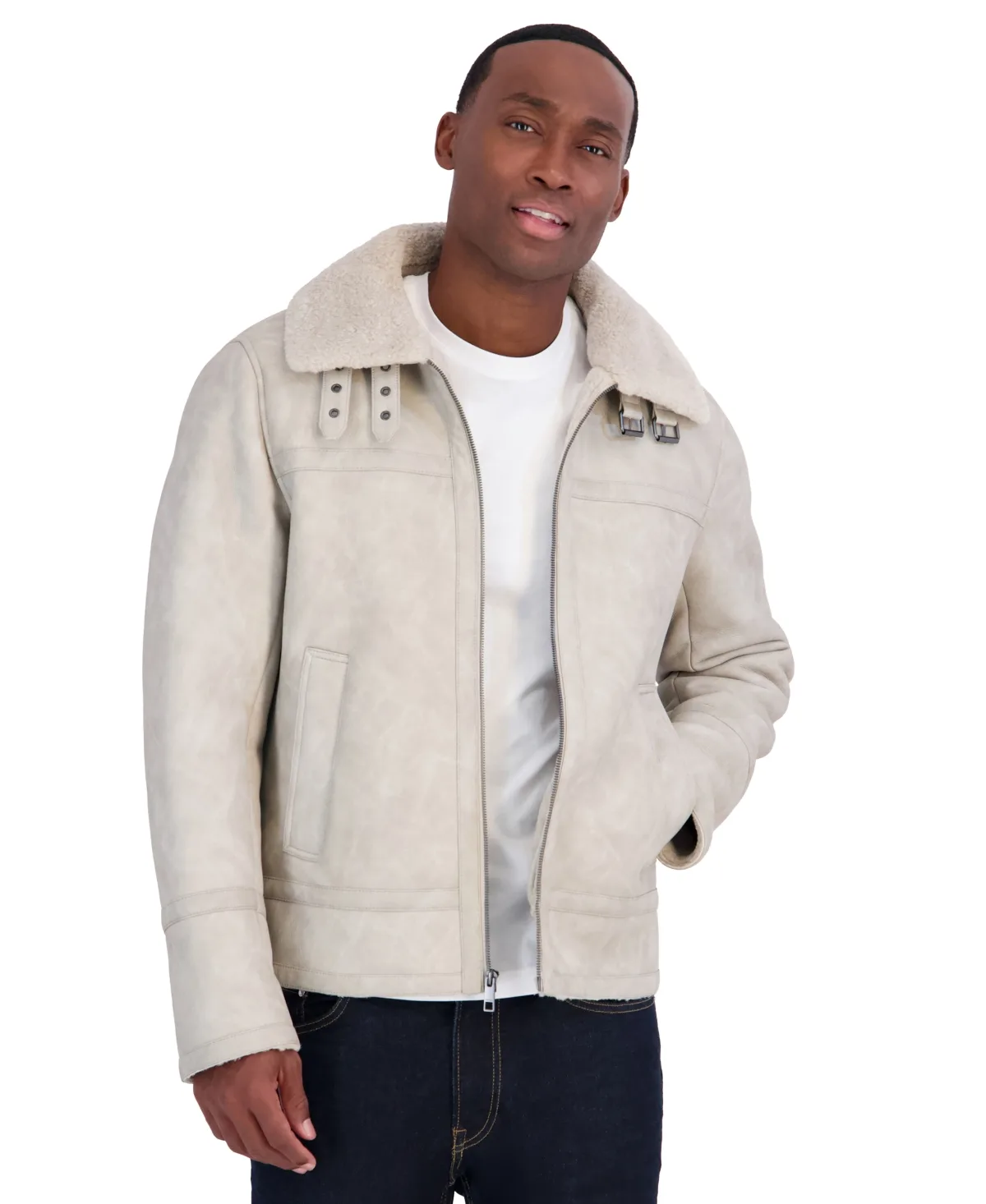 Faux Shearling Moto Jacket - Stone by Calvin Klein