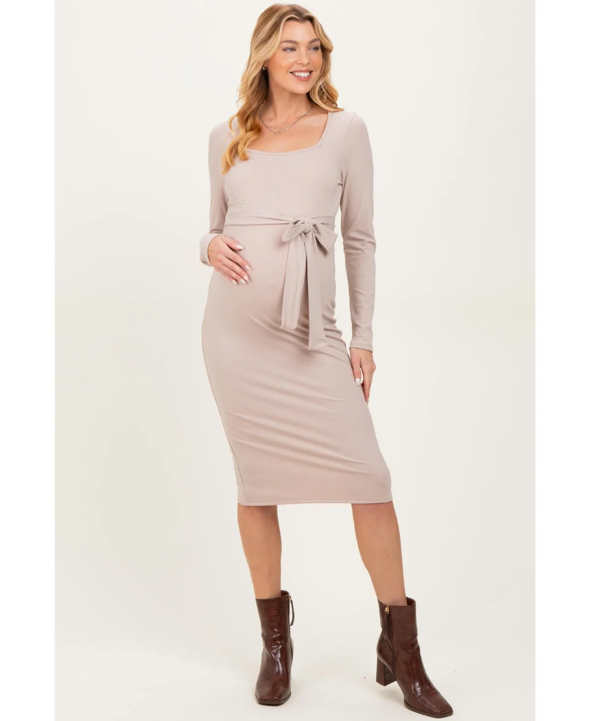 Ribbed Long Sleeve Square Neck Tie Belt Midi Dress by PinkBlush