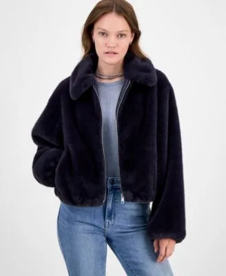 Collared Faux Fur Bomber Coat by CeCe